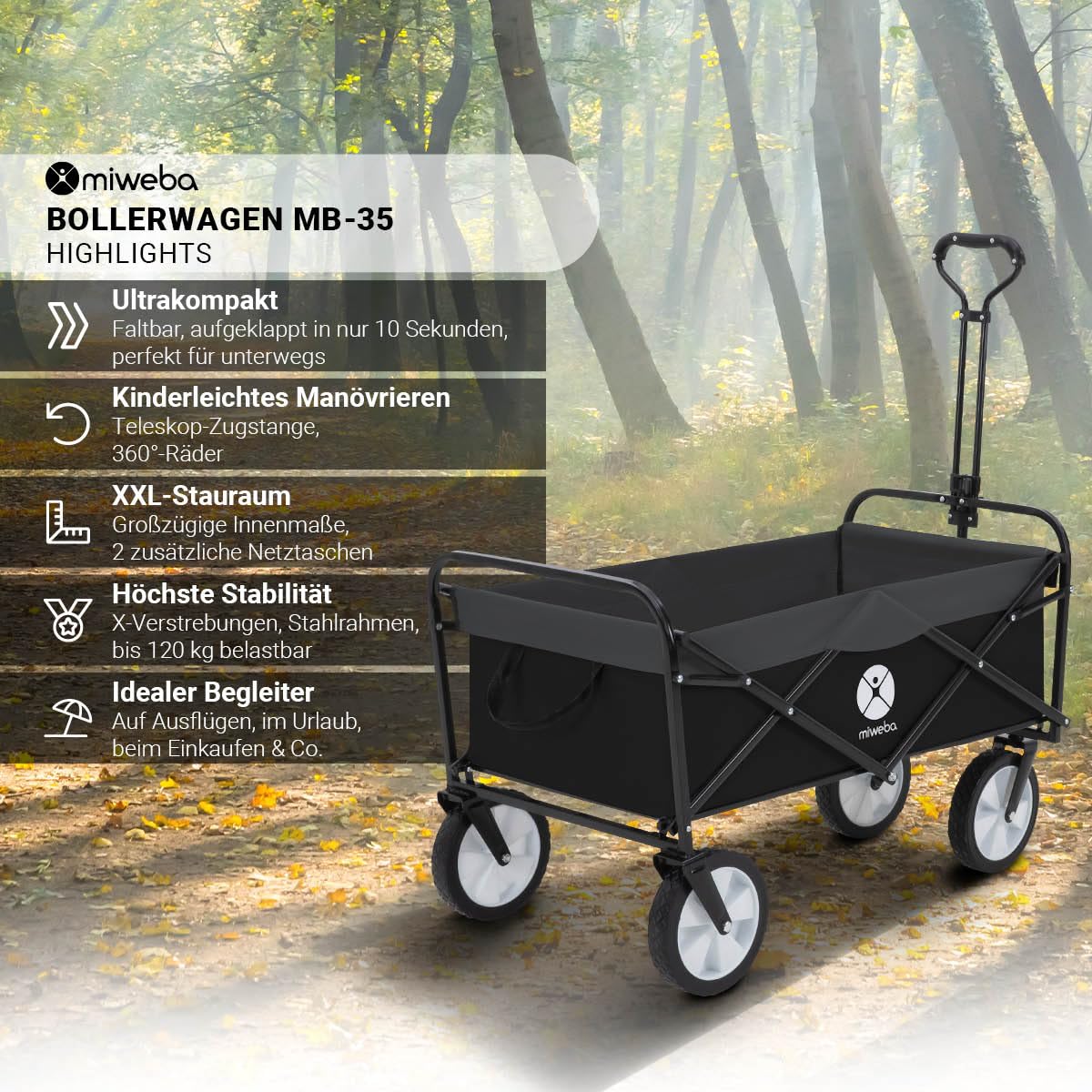 miweba-mb-35-bollerwagen-faltbar-schwarz-grau-120-kg image 2