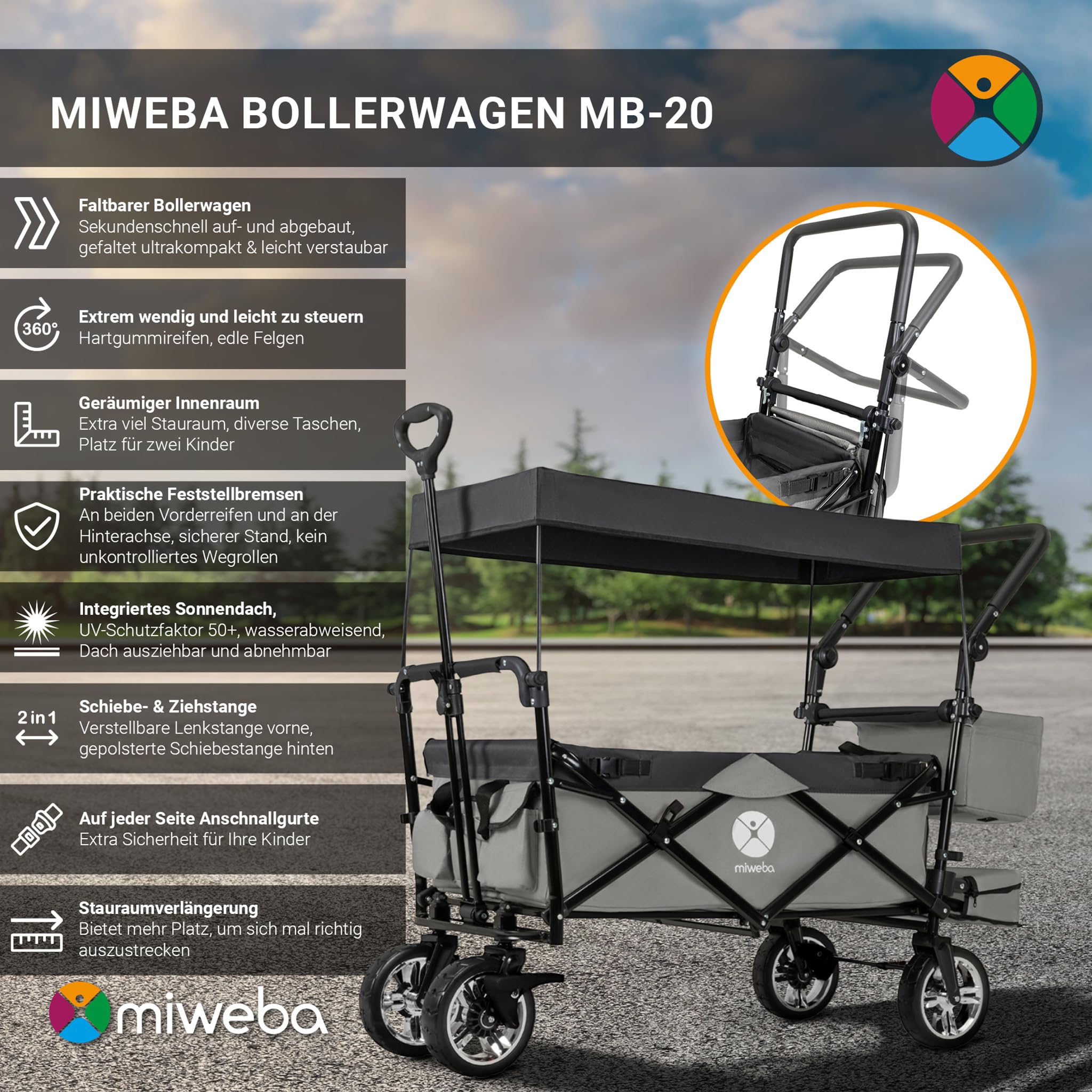 miweba-mb-20-bollerwagen-faltbar-grau-mit-sonnendach image 2