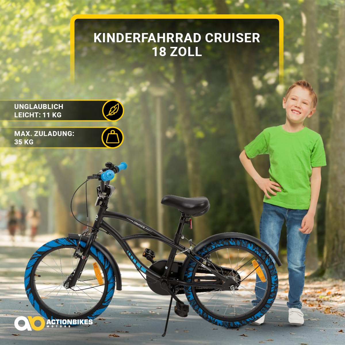 actionbikes-cruiser-kinderfahrrad-18-zoll-schwarz-blau image 2